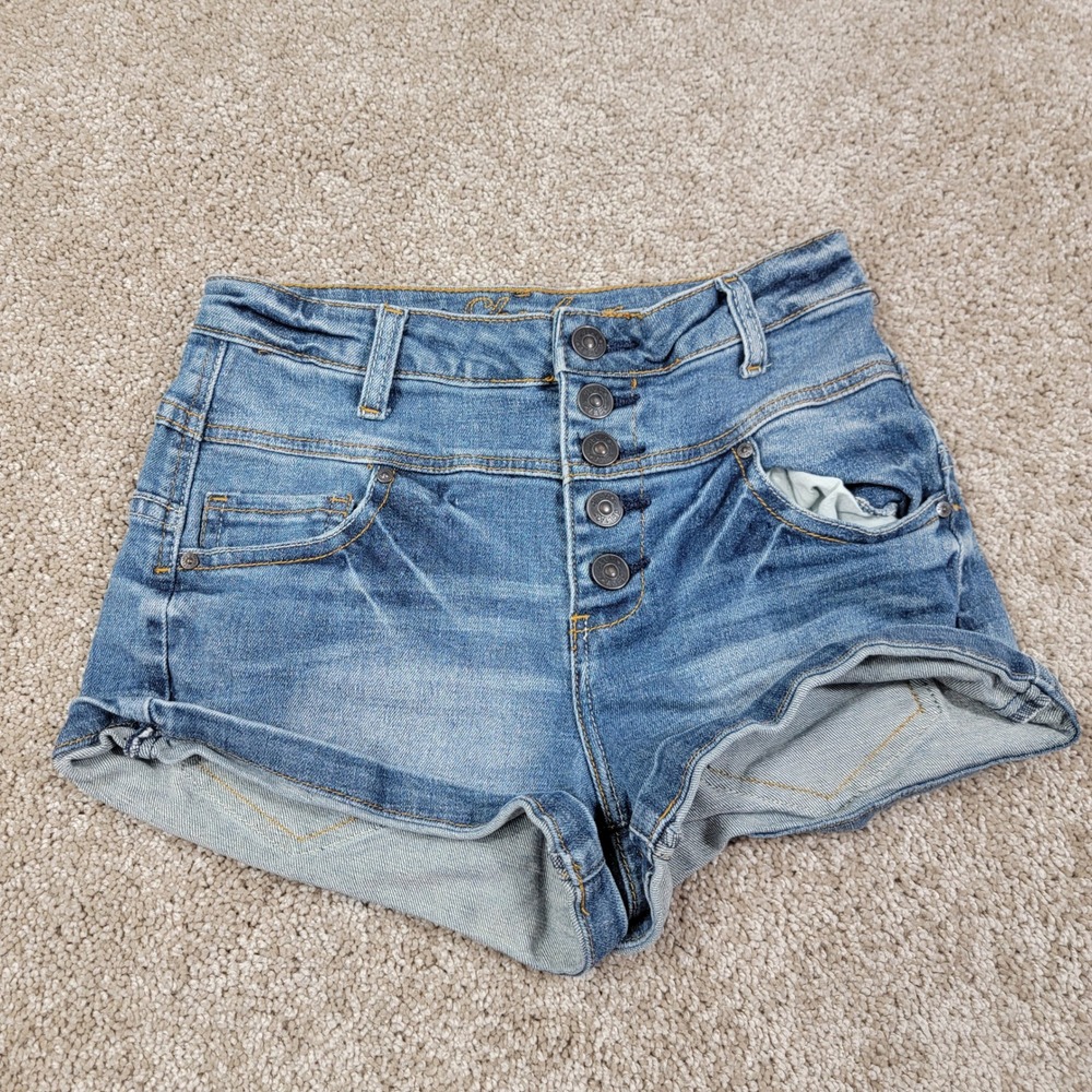 Delia's Denim Shorts High Waist Button Fly Cuffed Hem Blue Size 1/2